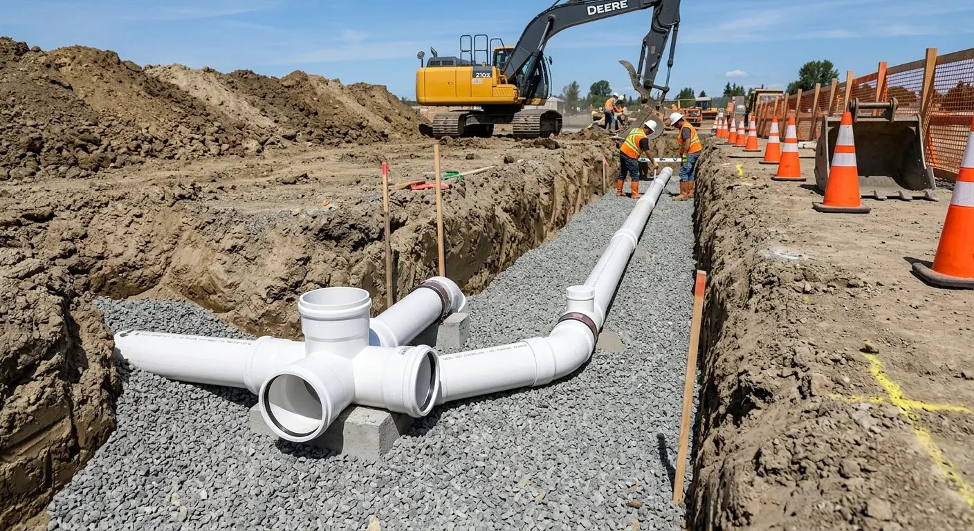 New PVC sewer pipe installation in open trench for Commercial Drain Cleaning in Larkin